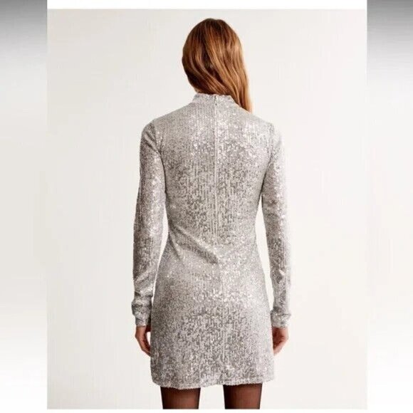 NWT Abercrombie & Fitch Long-Sleeve Sequin Mockneck Mini Dress XXSP Silver - Picture 4 of 10